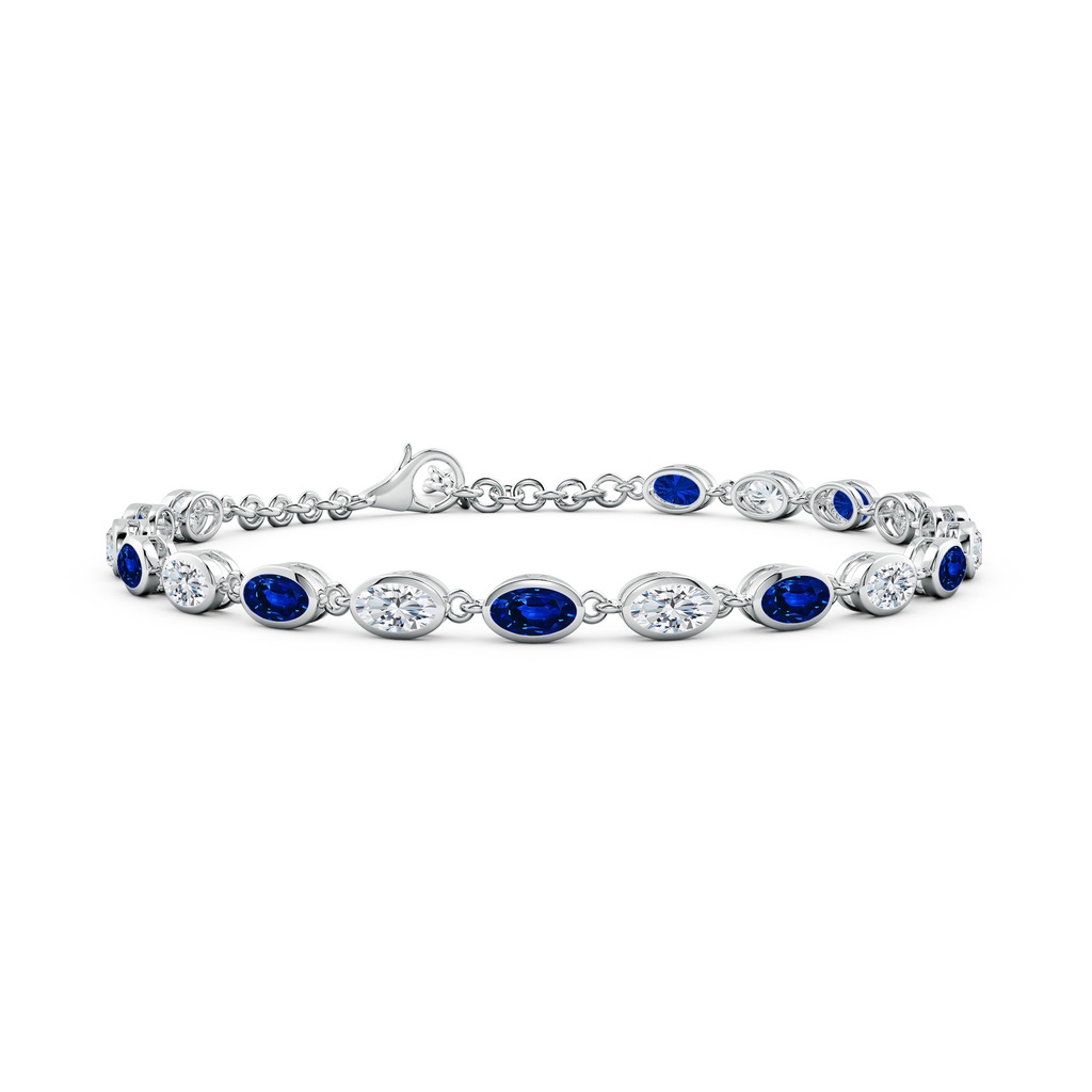 5x3mm Lab-Grown Bezel-Set Oval Blue Sapphire and Diamond Tennis Bracelet in White Gold