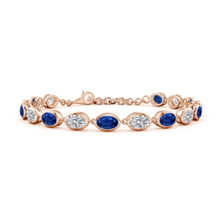 6x4mm AAA Bezel-Set Oval Blue Sapphire and Diamond Tennis Bracelet in 18K Rose Gold