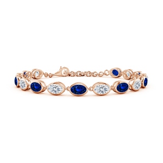 6x4mm Lab-Grown Bezel-Set Oval Blue Sapphire and Diamond Tennis Bracelet in Rose Gold