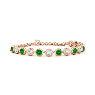 4mm AAAA Round Emerald and Diamond Chain Bracelet in 18K Rose Gold