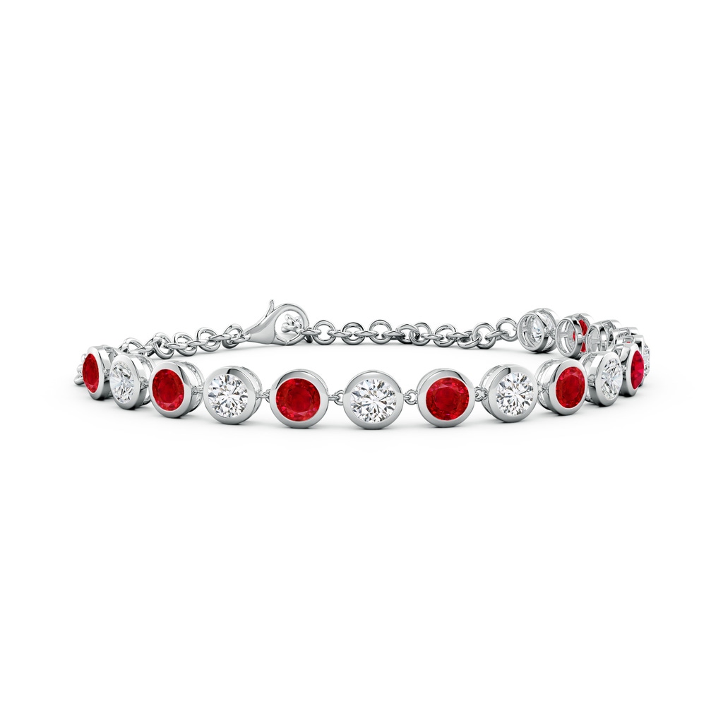 4mm AAA Round Ruby and Diamond Chain Bracelet in White Gold