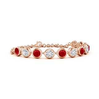 5mm AAA Round Ruby and Diamond Chain Bracelet in 18K Rose Gold