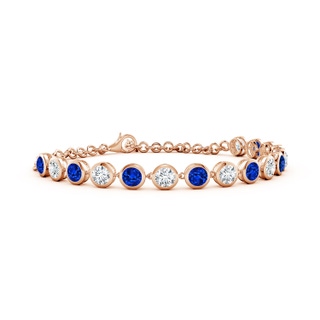 4mm AAAA Round Blue Sapphire and Diamond Chain Bracelet in 18K Rose Gold