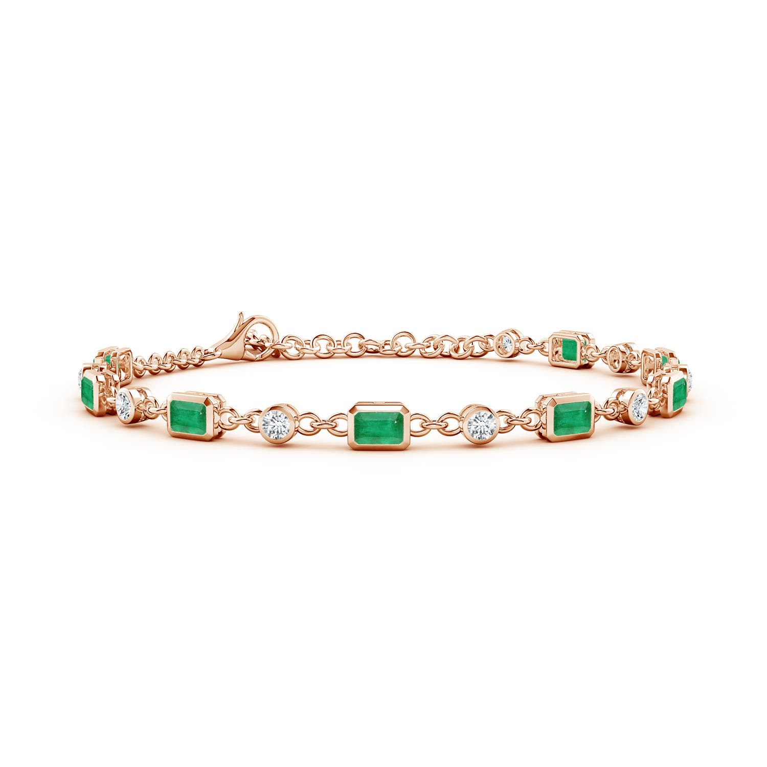 4x3mm A Emerald-Cut Emerald and Round Diamond Station Bracelet in 18CT Rose Gold