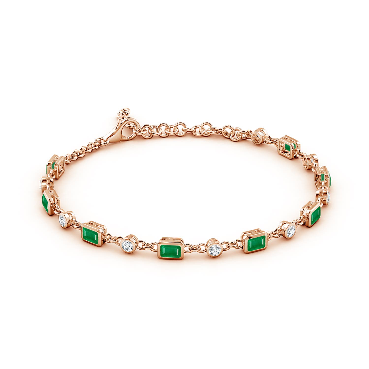 4x3mm AA Emerald-Cut Emerald and Round Diamond Station Bracelet in Rose Gold