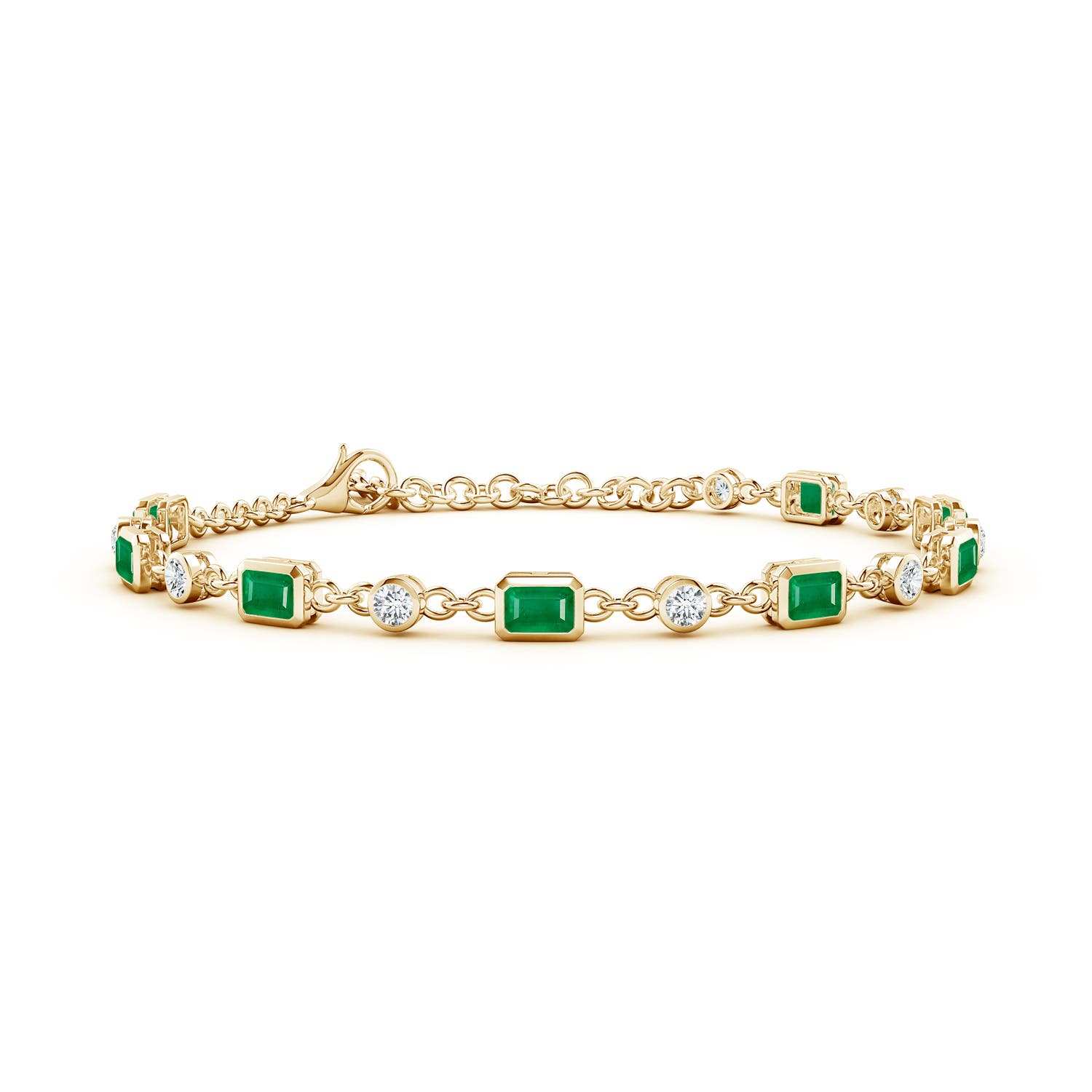 4x3mm AA Emerald-Cut Emerald and Round Diamond Station Bracelet in Yellow Gold