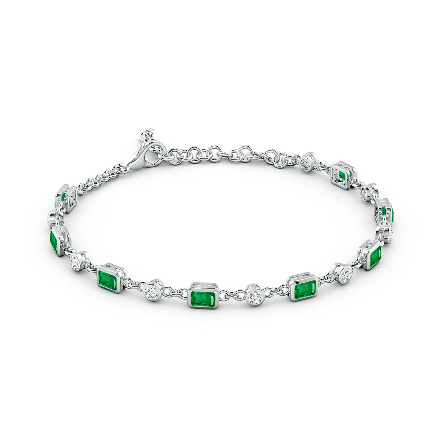 4x3mm AAA Emerald-Cut Emerald and Round Diamond Station Bracelet in White Gold - side 2