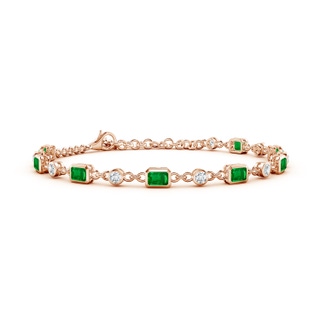 4x3mm AAAA Emerald-Cut Emerald and Round Diamond Station Bracelet in 10K Rose Gold