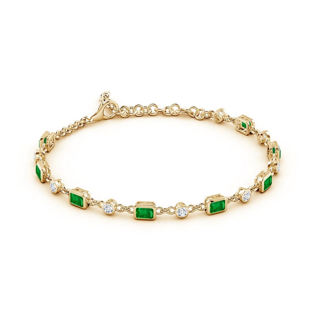 4x3mm AAAA Emerald-Cut Emerald and Round Diamond Station Bracelet in Yellow Gold - side 199