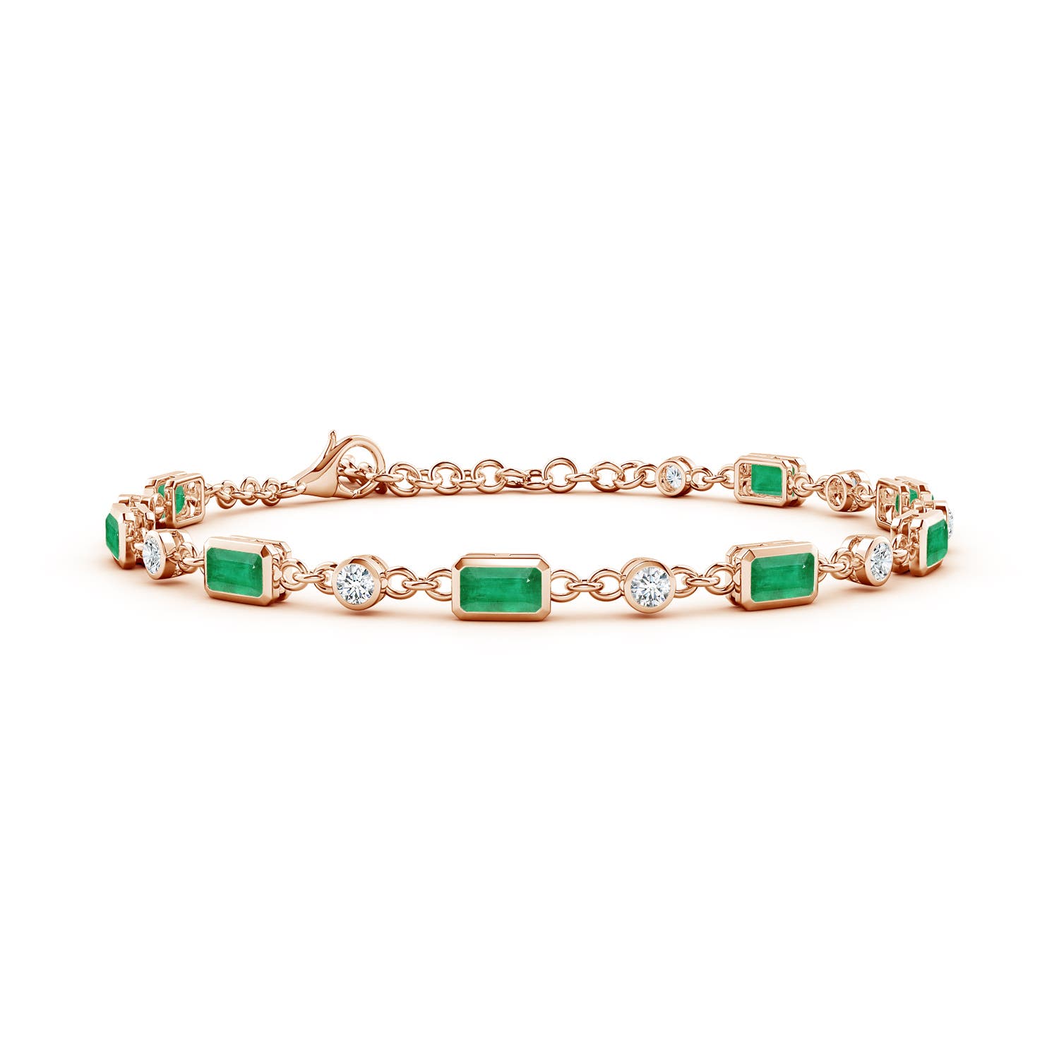 5x3mm A Emerald-Cut Emerald and Round Diamond Station Bracelet in 18CT Rose Gold