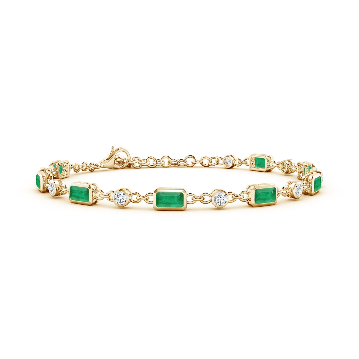 5x3mm A Emerald-Cut Emerald and Round Diamond Station Bracelet in Yellow Gold