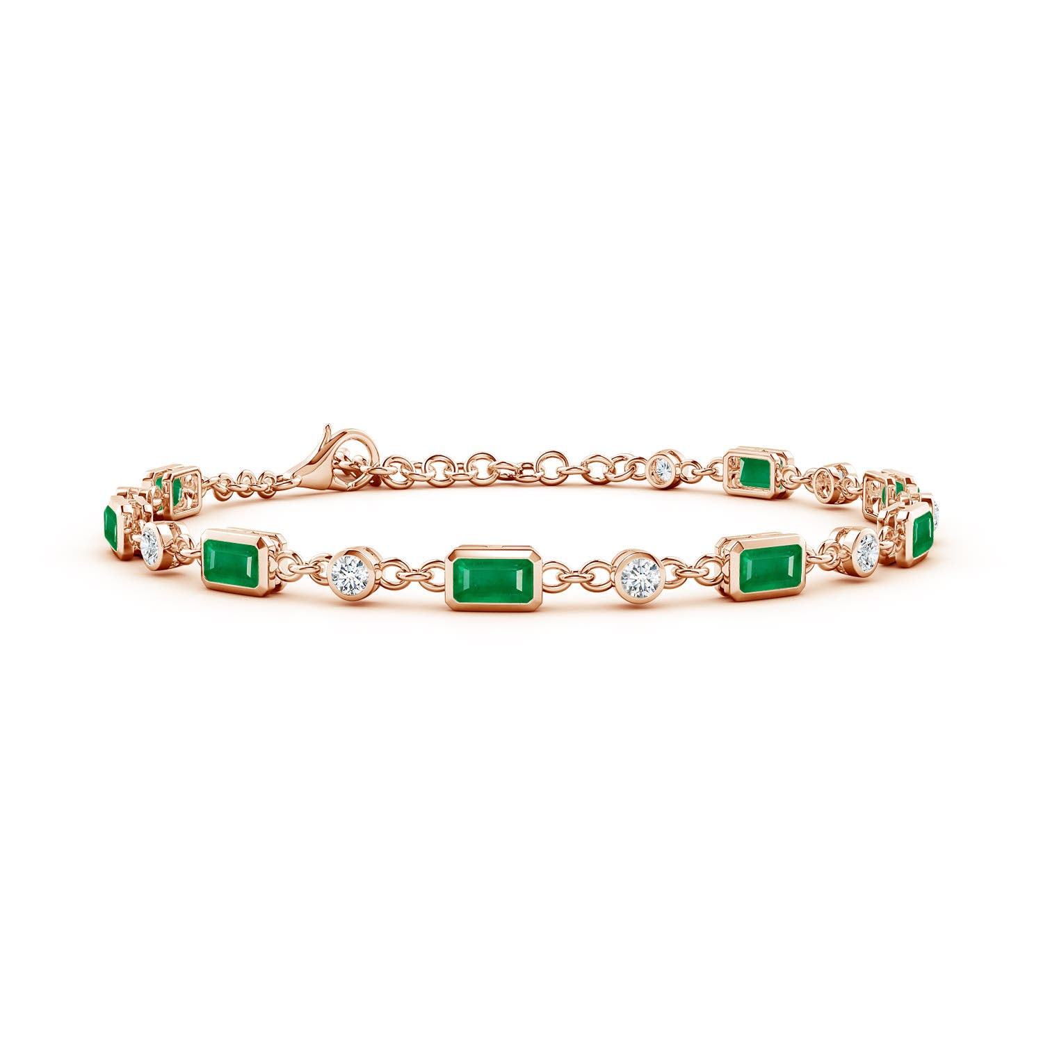 5x3mm AA Emerald-Cut Emerald and Round Diamond Station Bracelet in Rose Gold