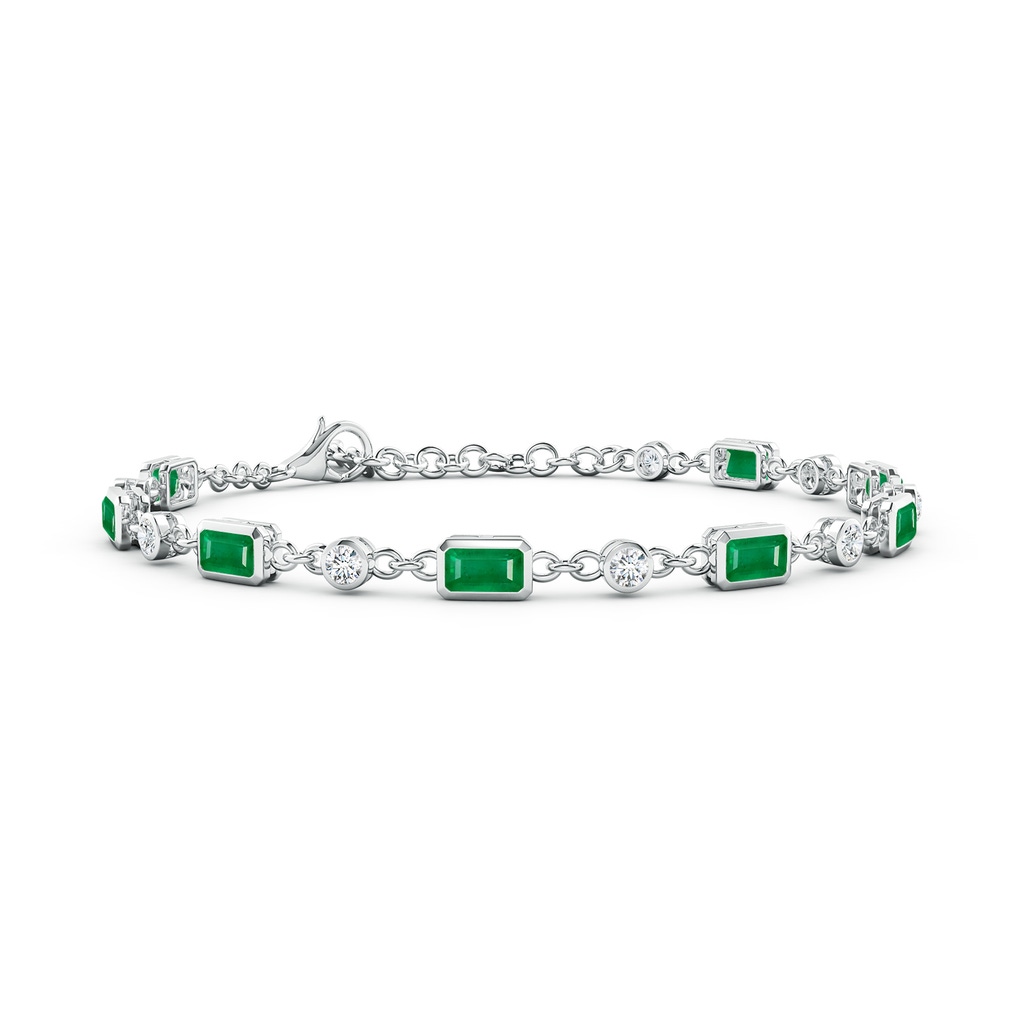 5x3mm AA Emerald-Cut Emerald and Round Diamond Station Bracelet in White Gold