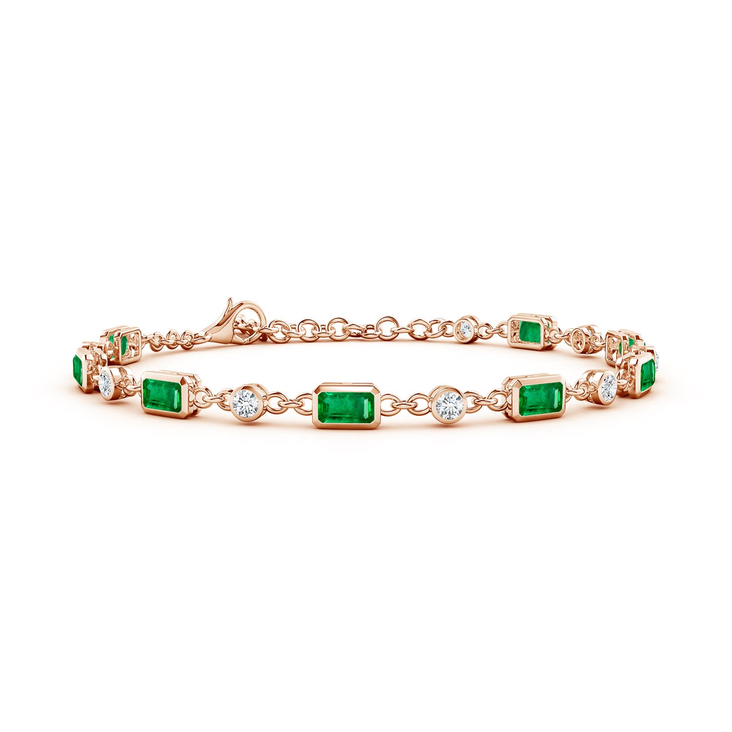5x3mm AAA Emerald-Cut Emerald and Round Diamond Station Bracelet in Rose Gold