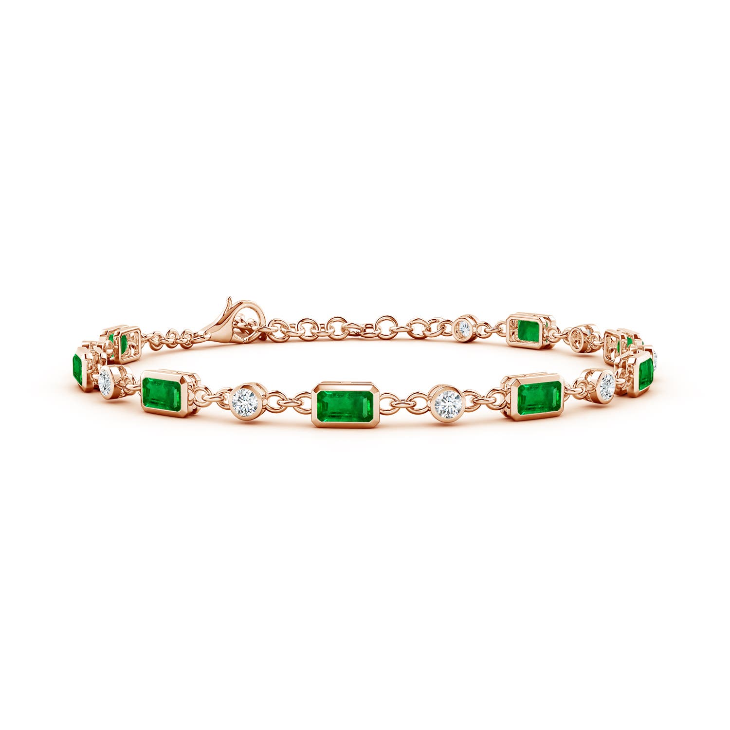 5x3mm AAAA Emerald-Cut Emerald and Round Diamond Station Bracelet in 18CT Rose Gold