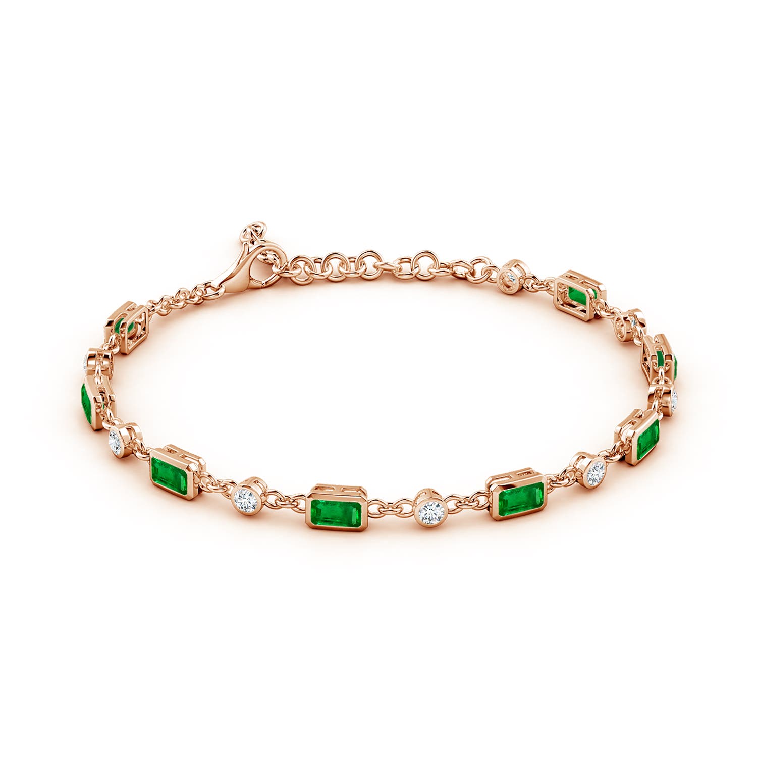 5x3mm AAAA Emerald-Cut Emerald and Round Diamond Station Bracelet in 18K Rose Gold