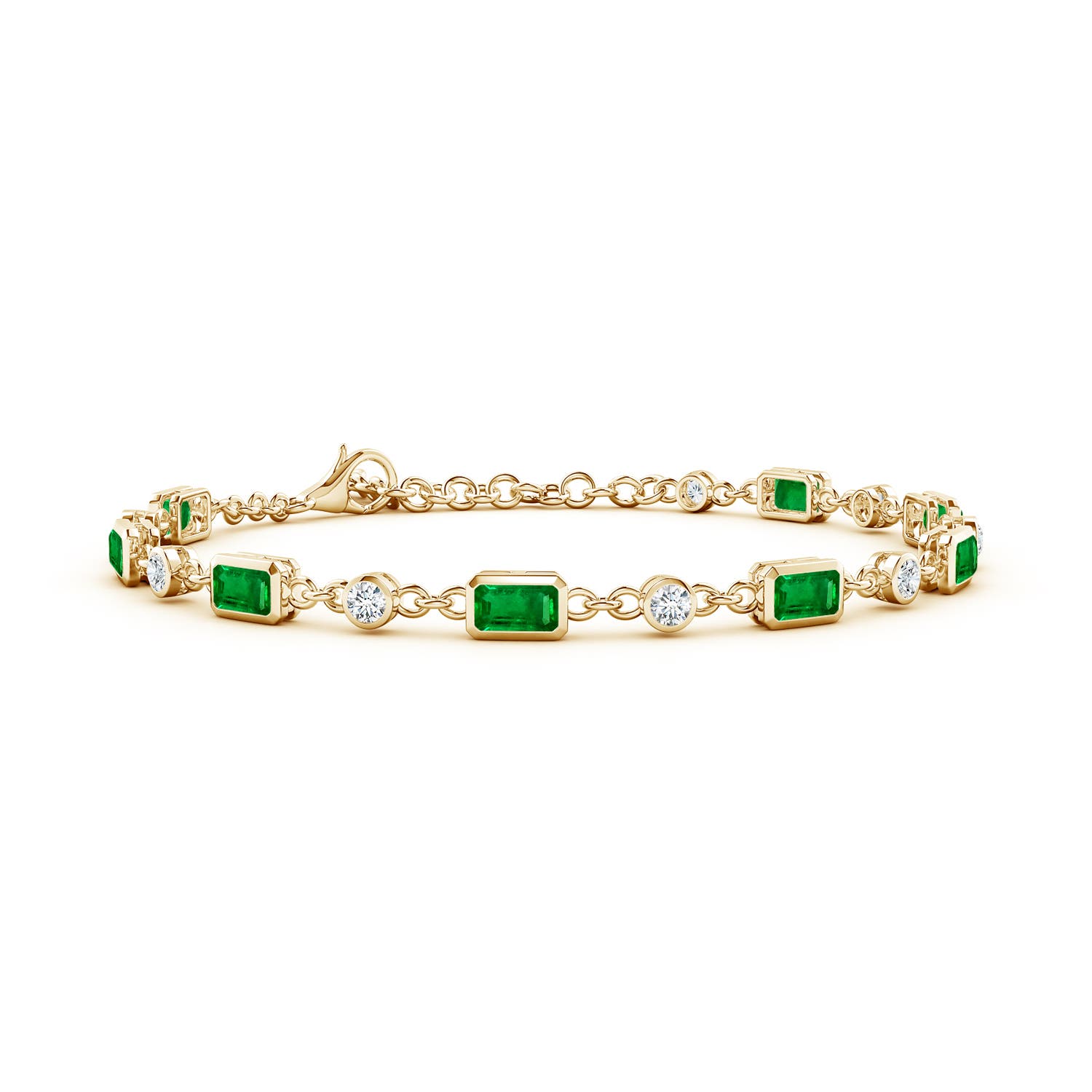 5x3mm AAAA Emerald-Cut Emerald and Round Diamond Station Bracelet in 18K Yellow Gold