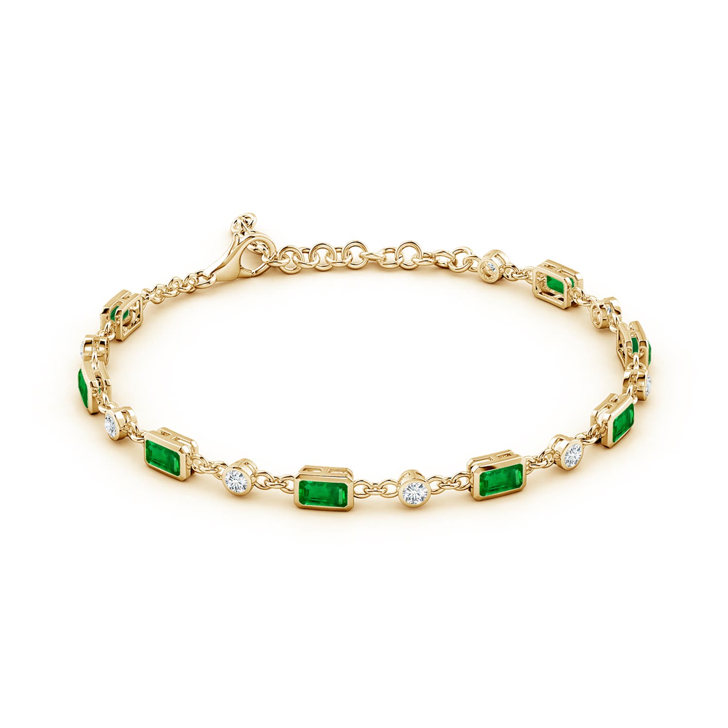 5x3mm AAAA Emerald-Cut Emerald and Round Diamond Station Bracelet in 18K Yellow Gold