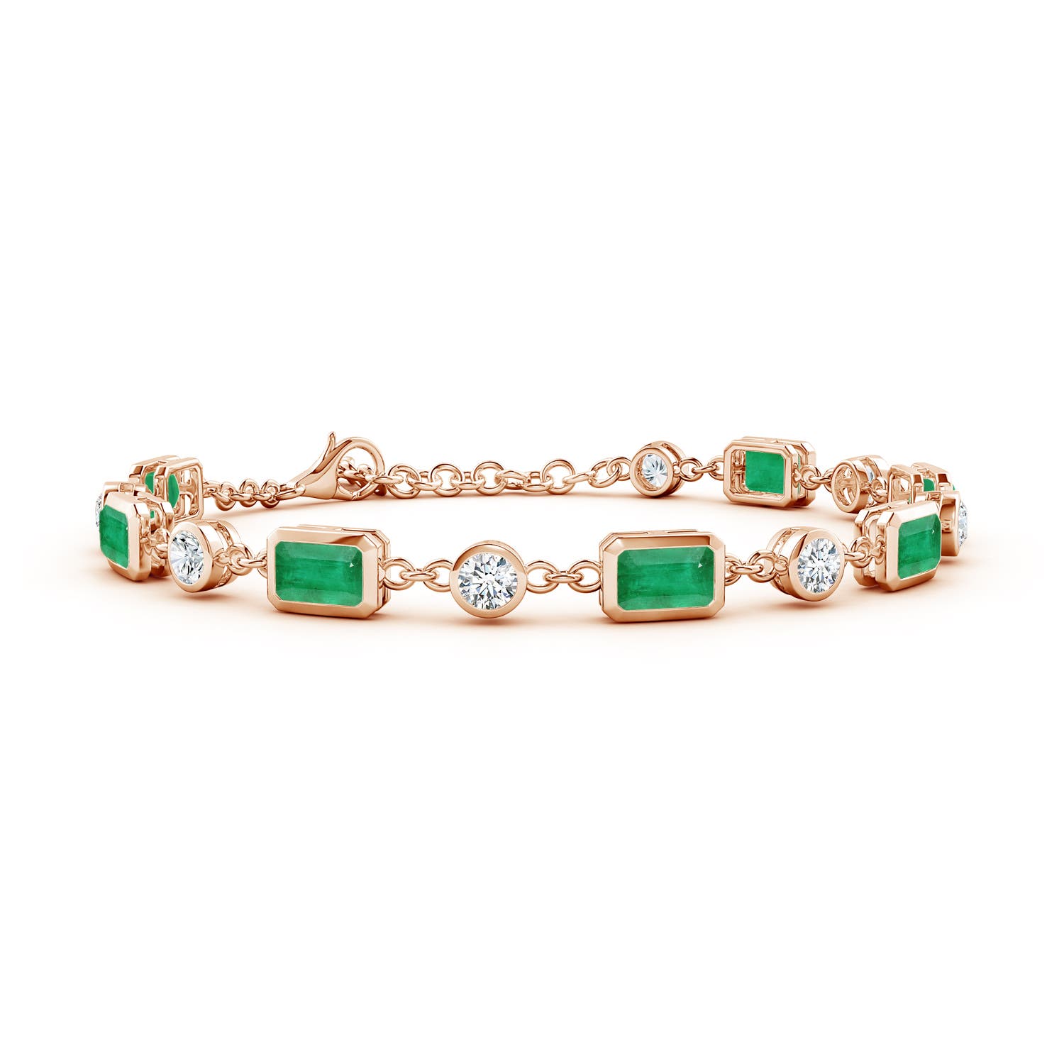 6x4mm A Emerald-Cut Emerald and Round Diamond Station Bracelet in 18CT Rose Gold