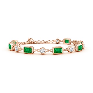 6x4mm AAA Emerald-Cut Emerald and Round Diamond Station Bracelet in 18K Rose Gold