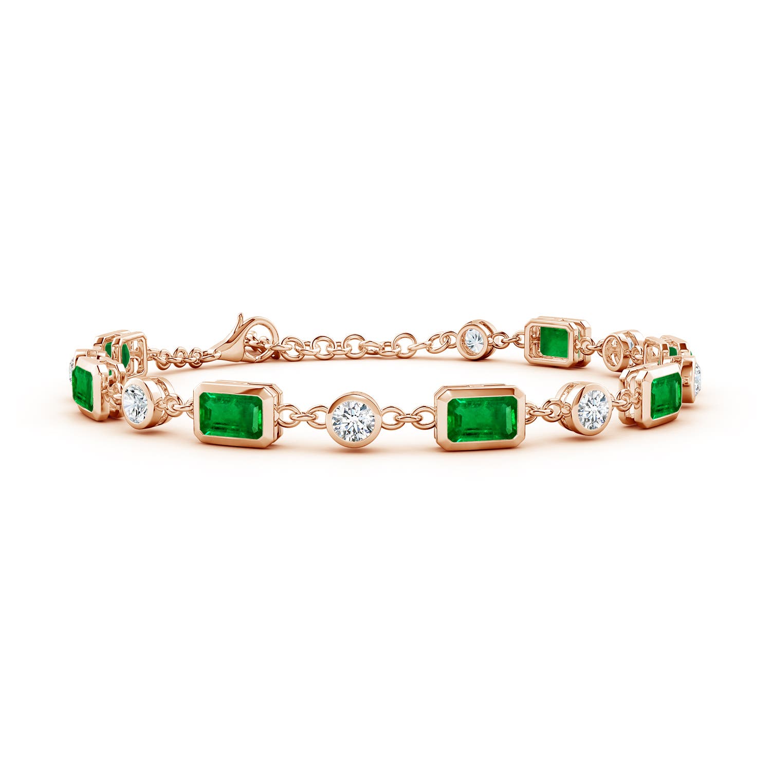 6x4mm AAAA Emerald-Cut Emerald and Round Diamond Station Bracelet in 18CT Rose Gold