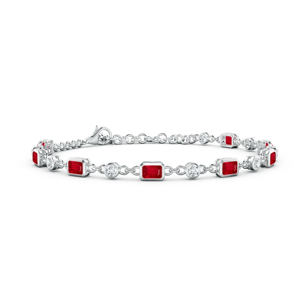 4x3mm AAA Emerald-Cut Ruby and Round Diamond Station Bracelet in White Gold