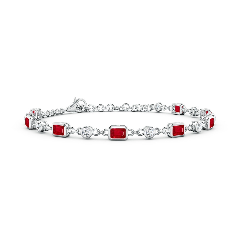 4x3mm AAA Emerald-Cut Ruby and Round Diamond Station Bracelet in White Gold 