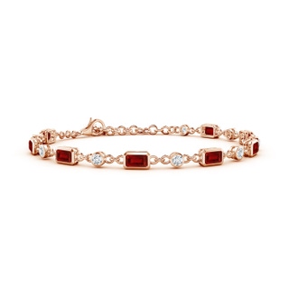 5x3mm AAAA Emerald-Cut Ruby and Round Diamond Station Bracelet in 18K Rose Gold