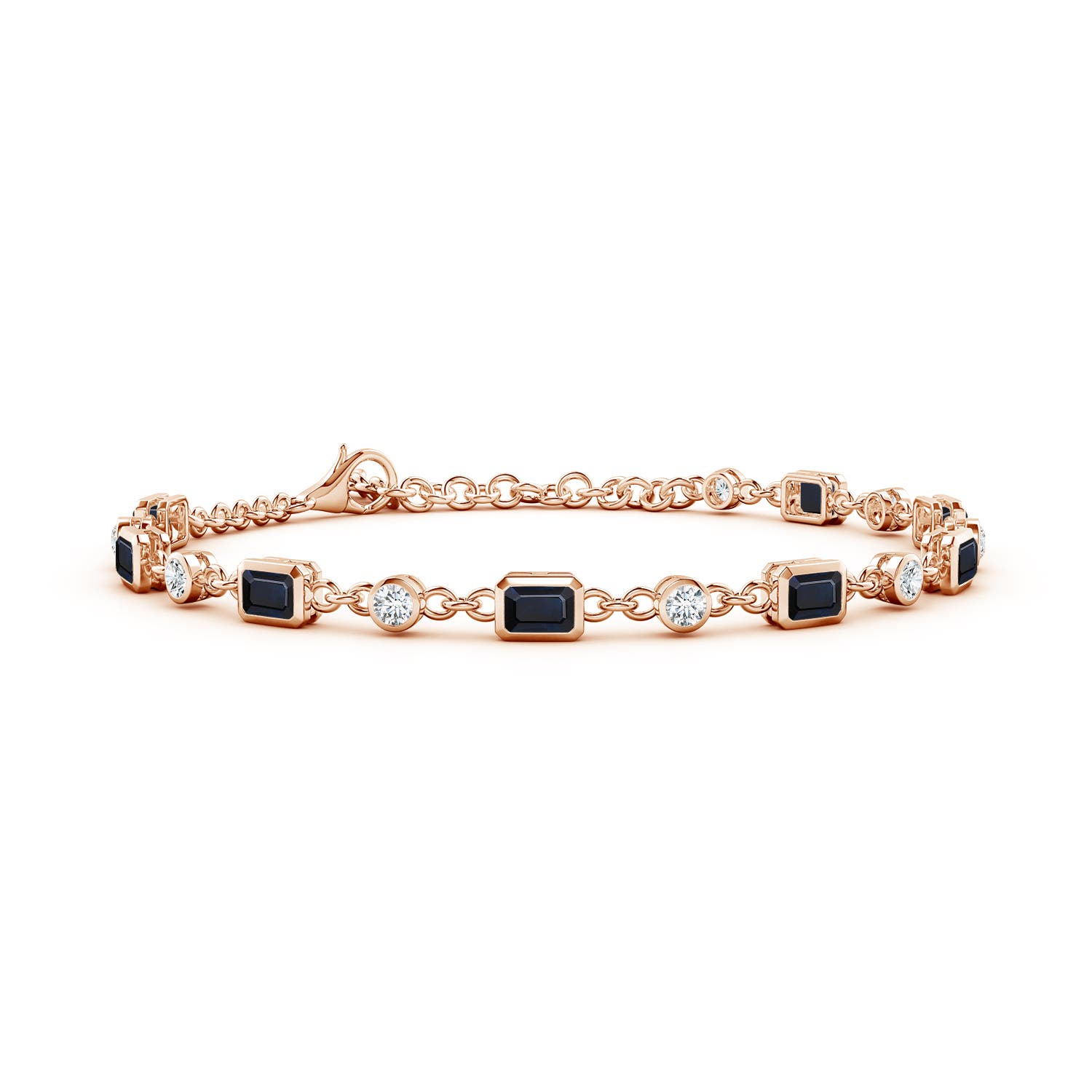 4x3mm A Emerald-Cut Blue Sapphire and Round Diamond Station Bracelet in 18CT Rose Gold