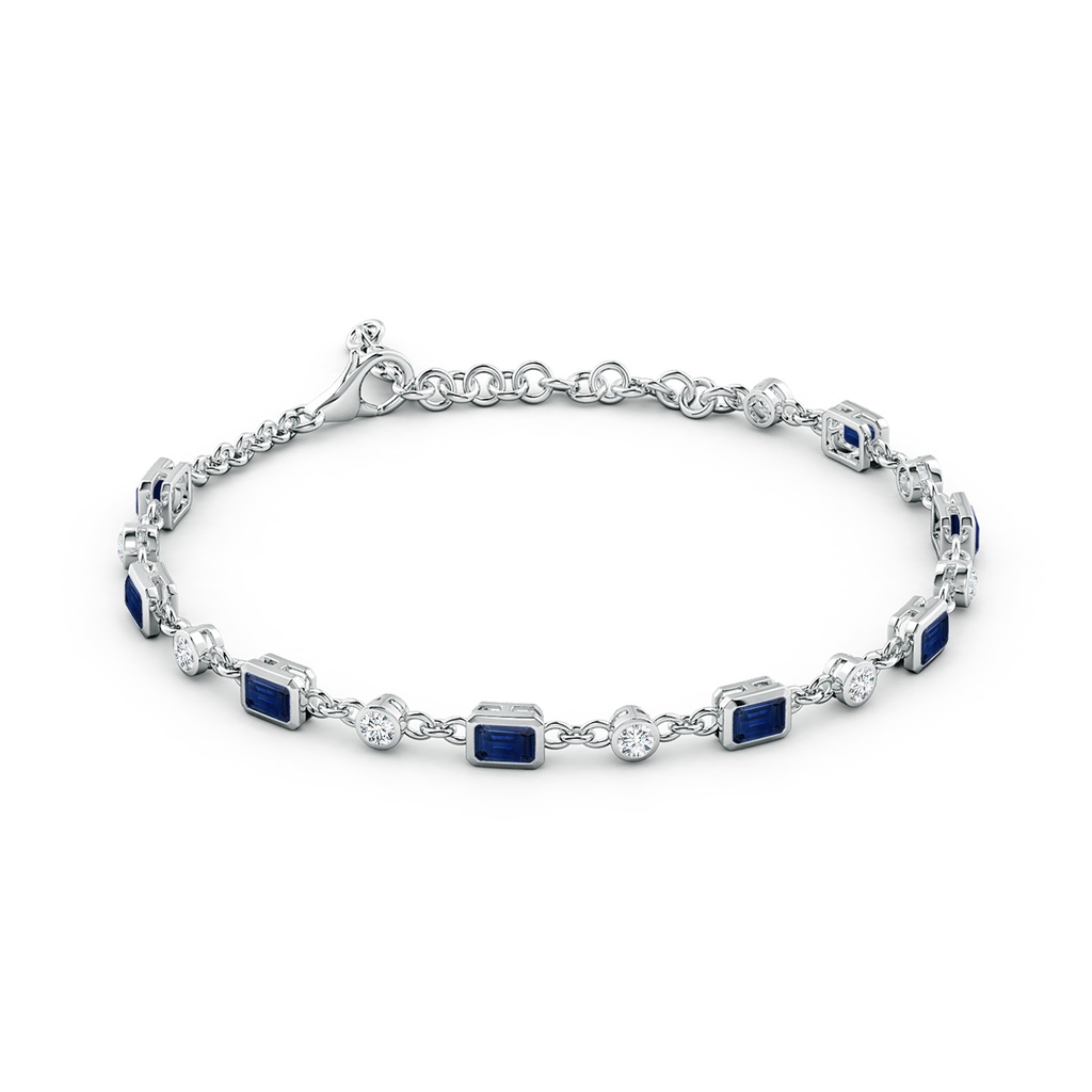 4x3mm AAA Emerald-Cut Blue Sapphire and Round Diamond Station Bracelet in White Gold - side 199