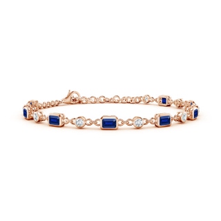 4x3mm Lab-Grown Emerald-Cut Blue Sapphire and Round Diamond Station Bracelet in 10K Rose Gold