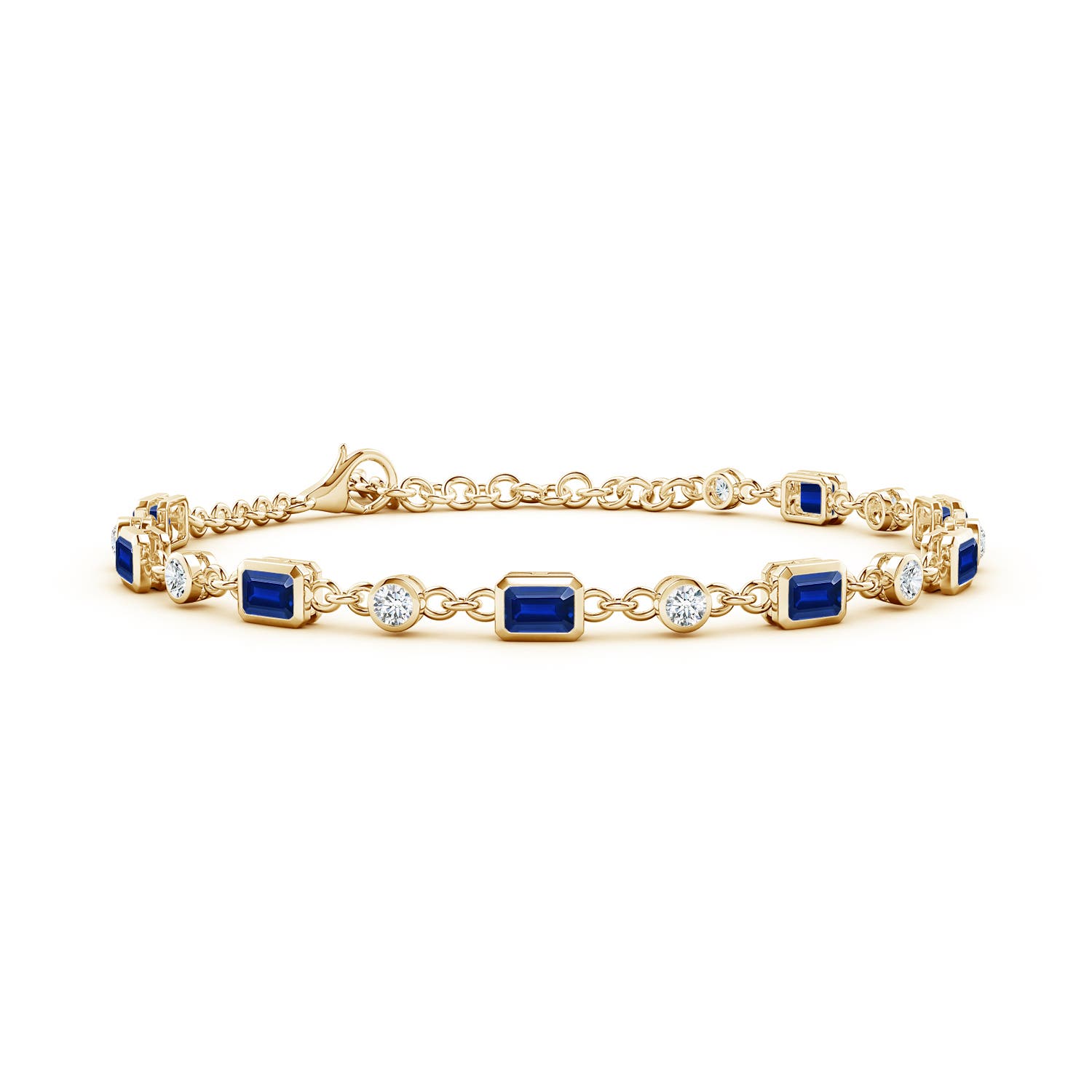 4x3mm AAAA Emerald-Cut Blue Sapphire and Round Diamond Station Bracelet in 18K Yellow Gold