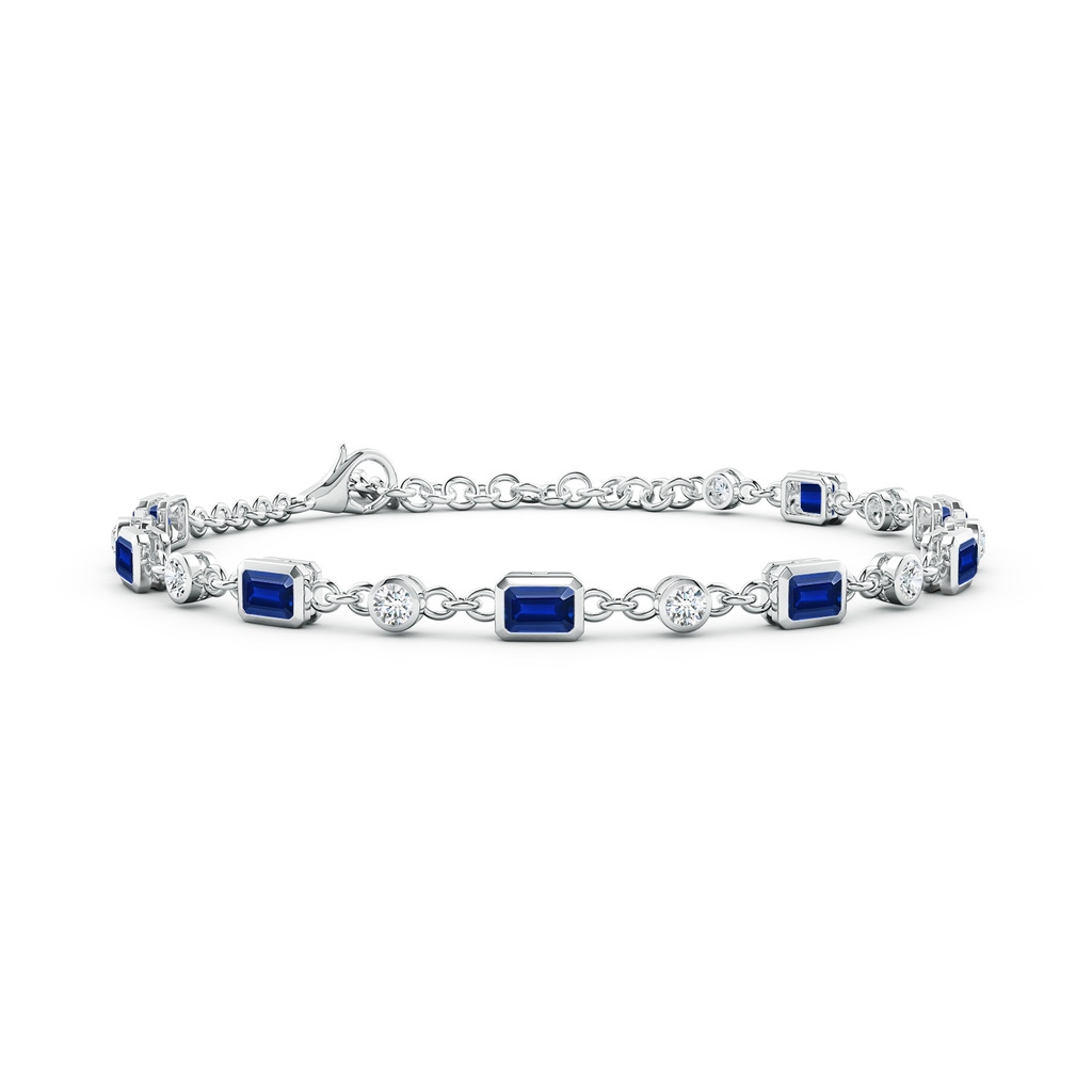 4x3mm AAAA Emerald-Cut Blue Sapphire and Round Diamond Station Bracelet in White Gold
