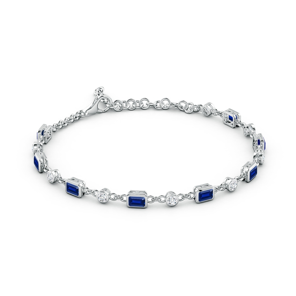 4x3mm AAAA Emerald-Cut Blue Sapphire and Round Diamond Station Bracelet in White Gold - side 199