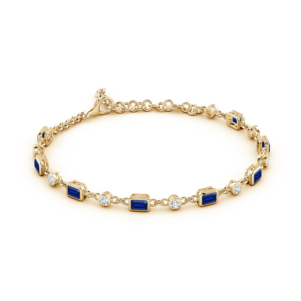 4x3mm AAAA Emerald-Cut Blue Sapphire and Round Diamond Station Bracelet in Yellow Gold - side 199