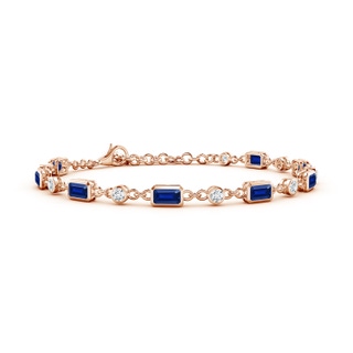 5x3mm AAAA Emerald-Cut Blue Sapphire and Round Diamond Station Bracelet in 18K Rose Gold