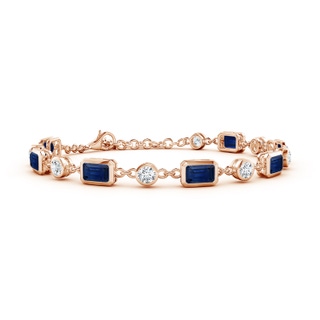 6x4mm AAA Emerald-Cut Blue Sapphire and Round Diamond Station Bracelet in 18K Rose Gold