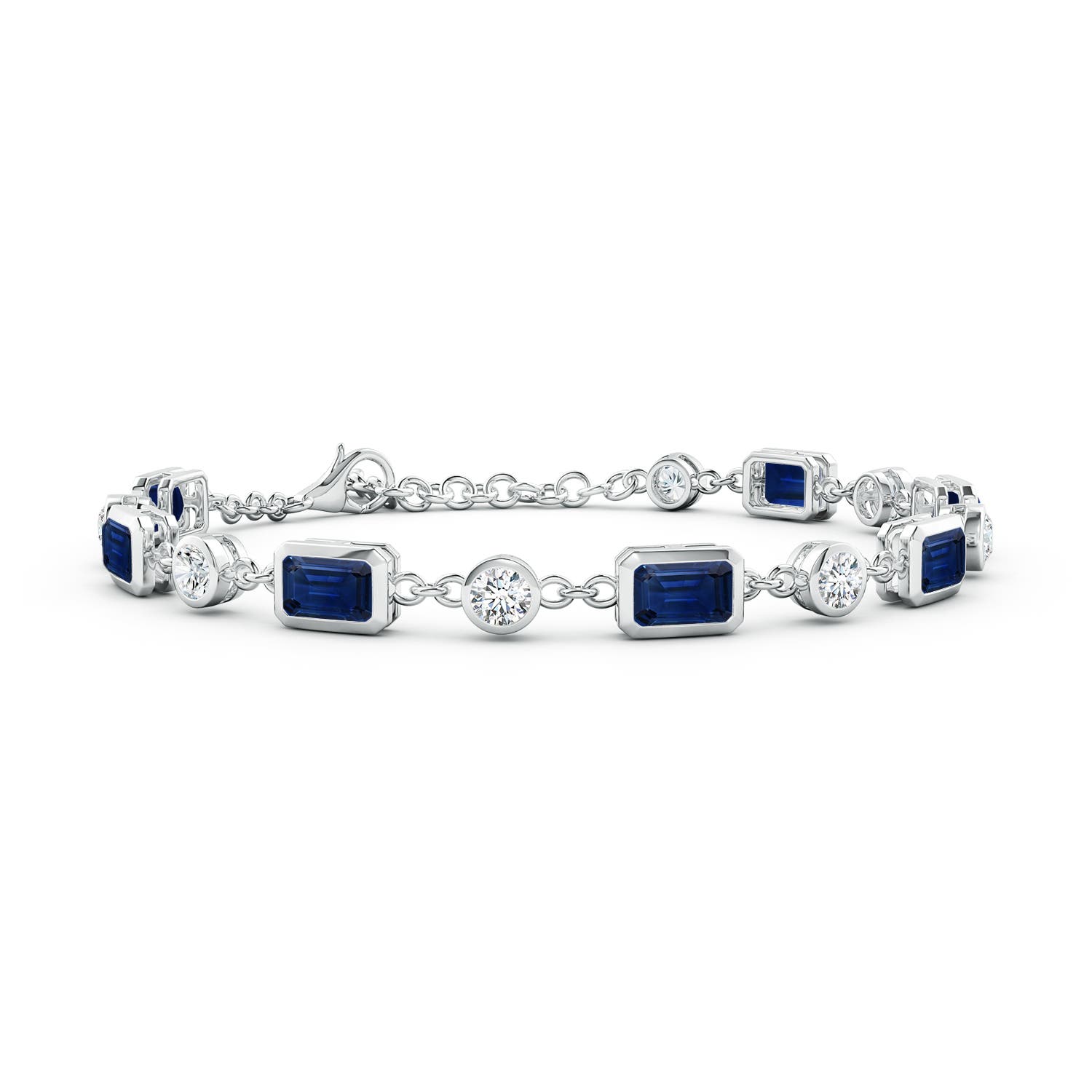 6x4mm AAA Emerald-Cut Blue Sapphire and Round Diamond Station Bracelet in 18CT White Gold