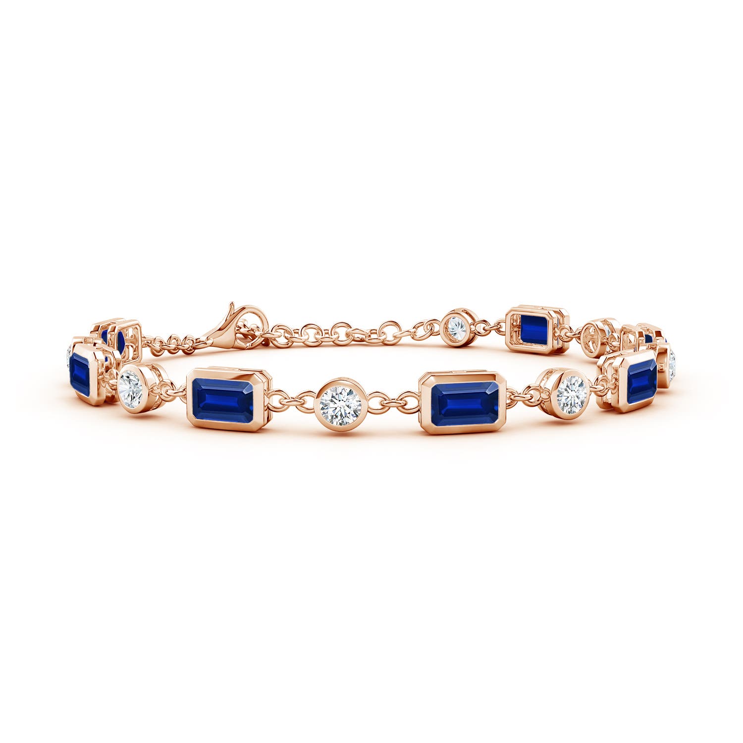 6x4mm AAAA Emerald-Cut Blue Sapphire and Round Diamond Station Bracelet in 18K Rose Gold