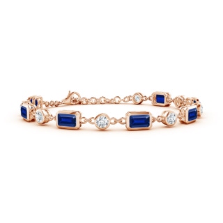 6x4mm Lab-Grown Emerald-Cut Blue Sapphire and Round Diamond Station Bracelet in 18K Rose Gold