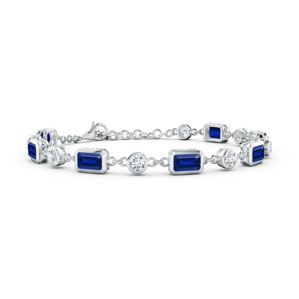 6x4mm Lab-Grown Emerald-Cut Blue Sapphire and Round Diamond Station Bracelet in 18K White Gold