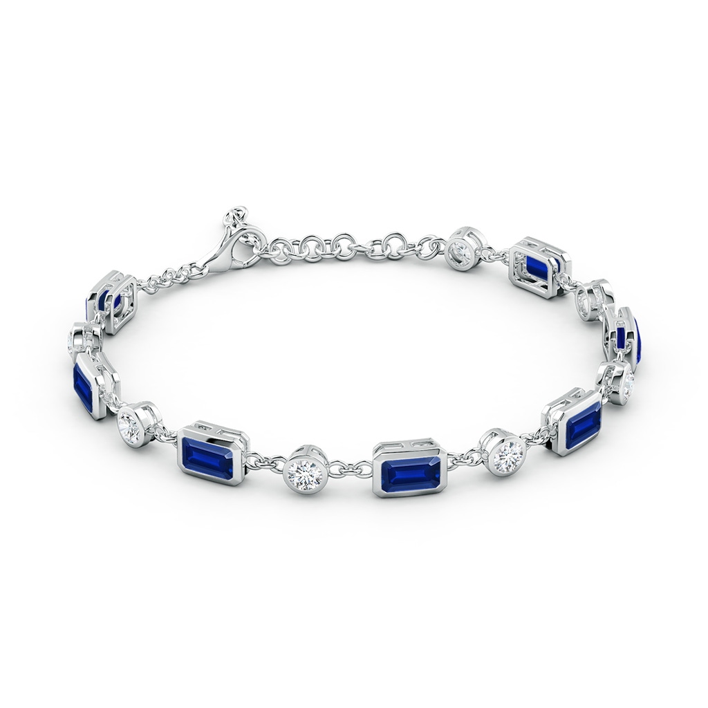 6x4mm Lab-Grown Emerald-Cut Blue Sapphire and Round Diamond Station Bracelet in 18K White Gold - side 199