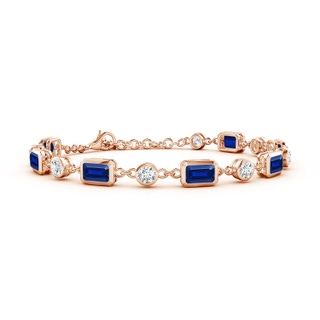 6x4mm AAAA Emerald-Cut Blue Sapphire and Round Diamond Station Bracelet in 9K Rose Gold