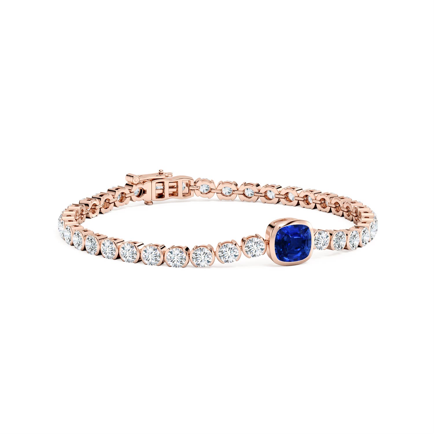 6mm AAAA Bezel-Set Cushion Blue Sapphire Tennis Bracelet with Diamond Accents in 18K Rose Gold