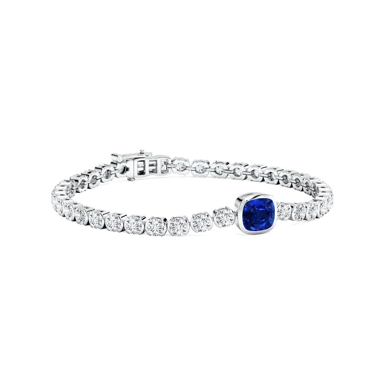 6mm AAAA Bezel-Set Cushion Blue Sapphire Tennis Bracelet with Diamond Accents in 18CT White Gold