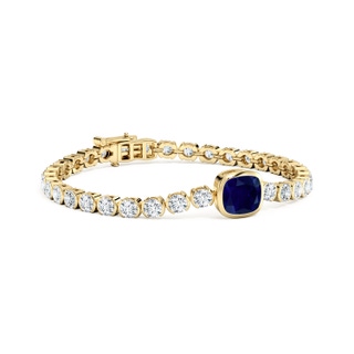 8mm AA Bezel-Set Cushion Blue Sapphire Tennis Bracelet with Diamond Accents in 18K Yellow Gold