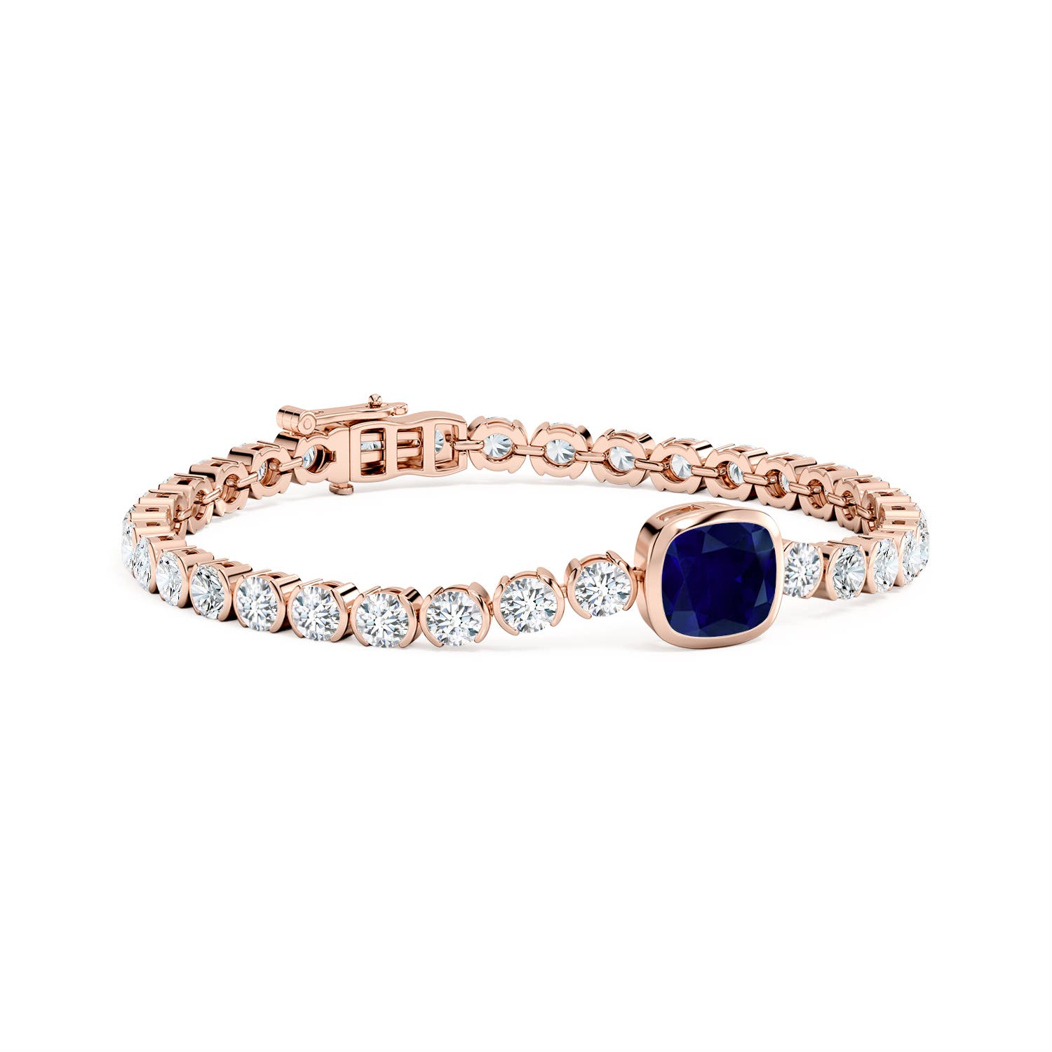 8mm AA Bezel-Set Cushion Blue Sapphire Tennis Bracelet with Diamond Accents in Rose Gold