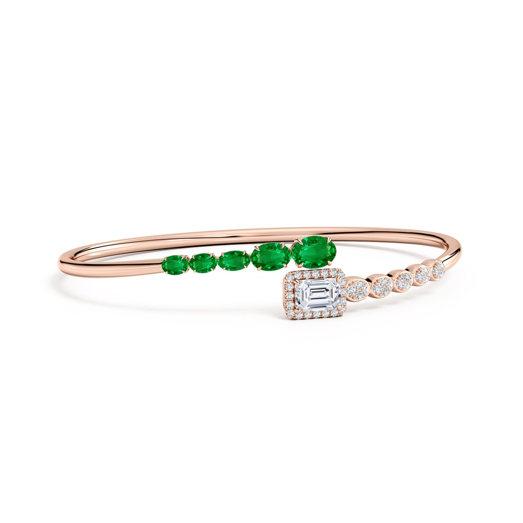 7x5mm AAAA Oval Emerald and Emerald-Cut Diamond Open Bangle in 9K Rose Gold