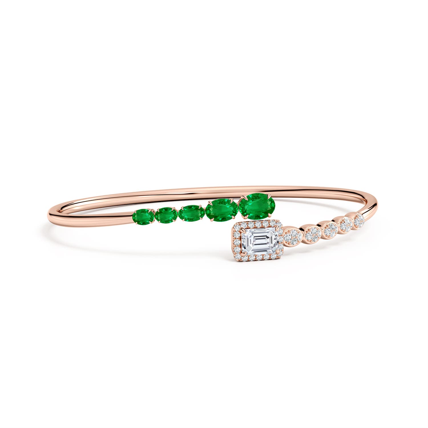 7x5mm AAAA Oval Emerald and Emerald-Cut Diamond Open Bangle in Rose Gold