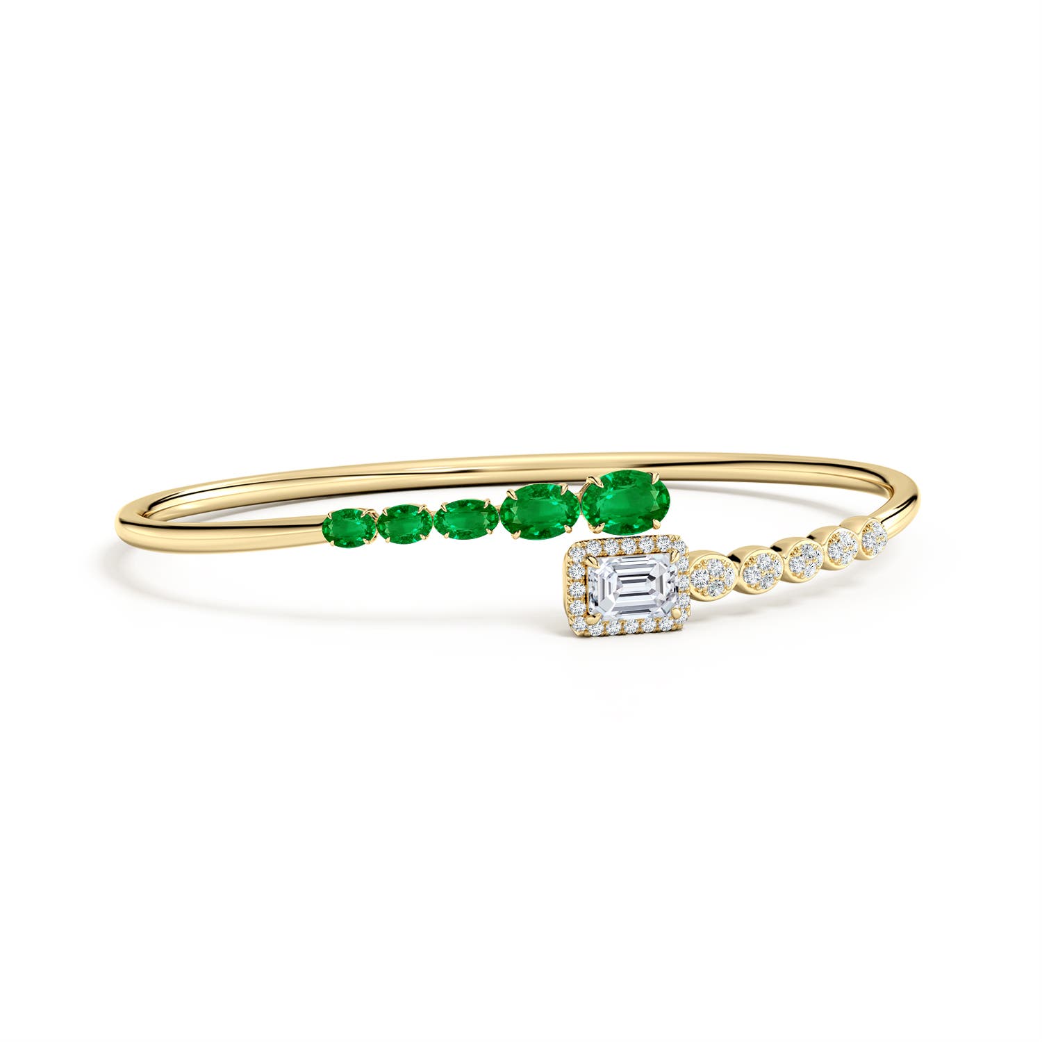 7x5mm AAAA Oval Emerald and Emerald-Cut Diamond Open Bangle in Yellow Gold